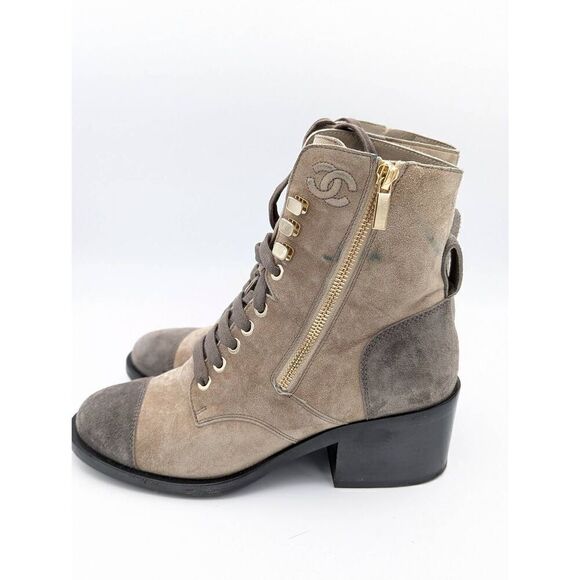 Chanel Lace up suade taupe combat boots 37.5 - Picture 4 of 9